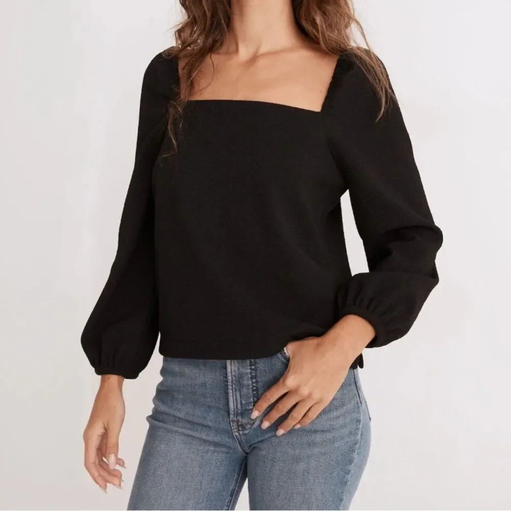 MADEWELL | NEW Black Crepe Square Neck Puff Sleeve Top Women’s Size Medium